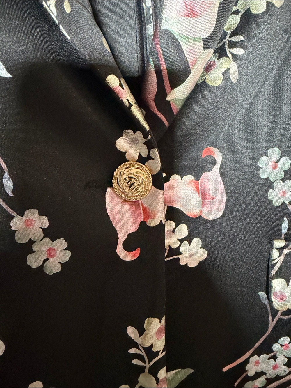 Black Floral-Print Women's Blazer with Pink Blossom Accents - Picture 3 of 8